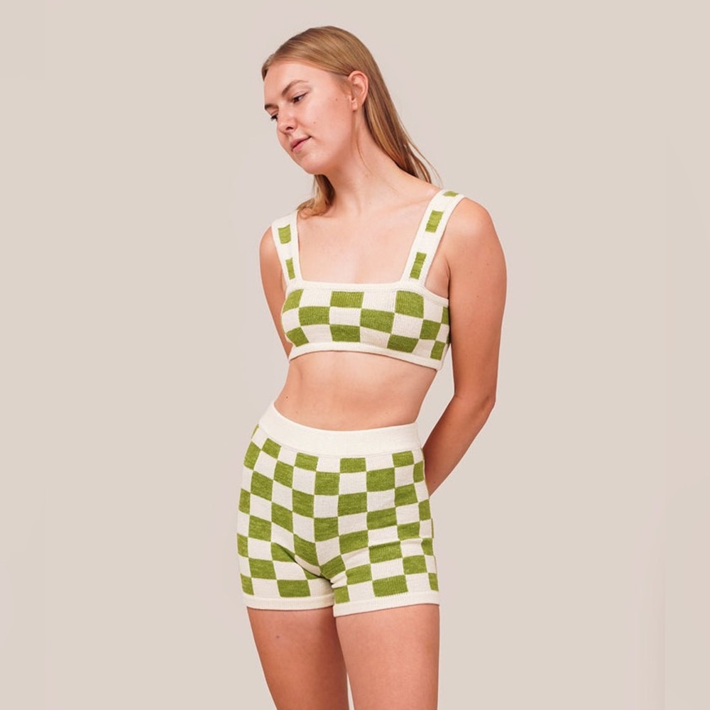 Checker Knit Crop Top in Green and Cream